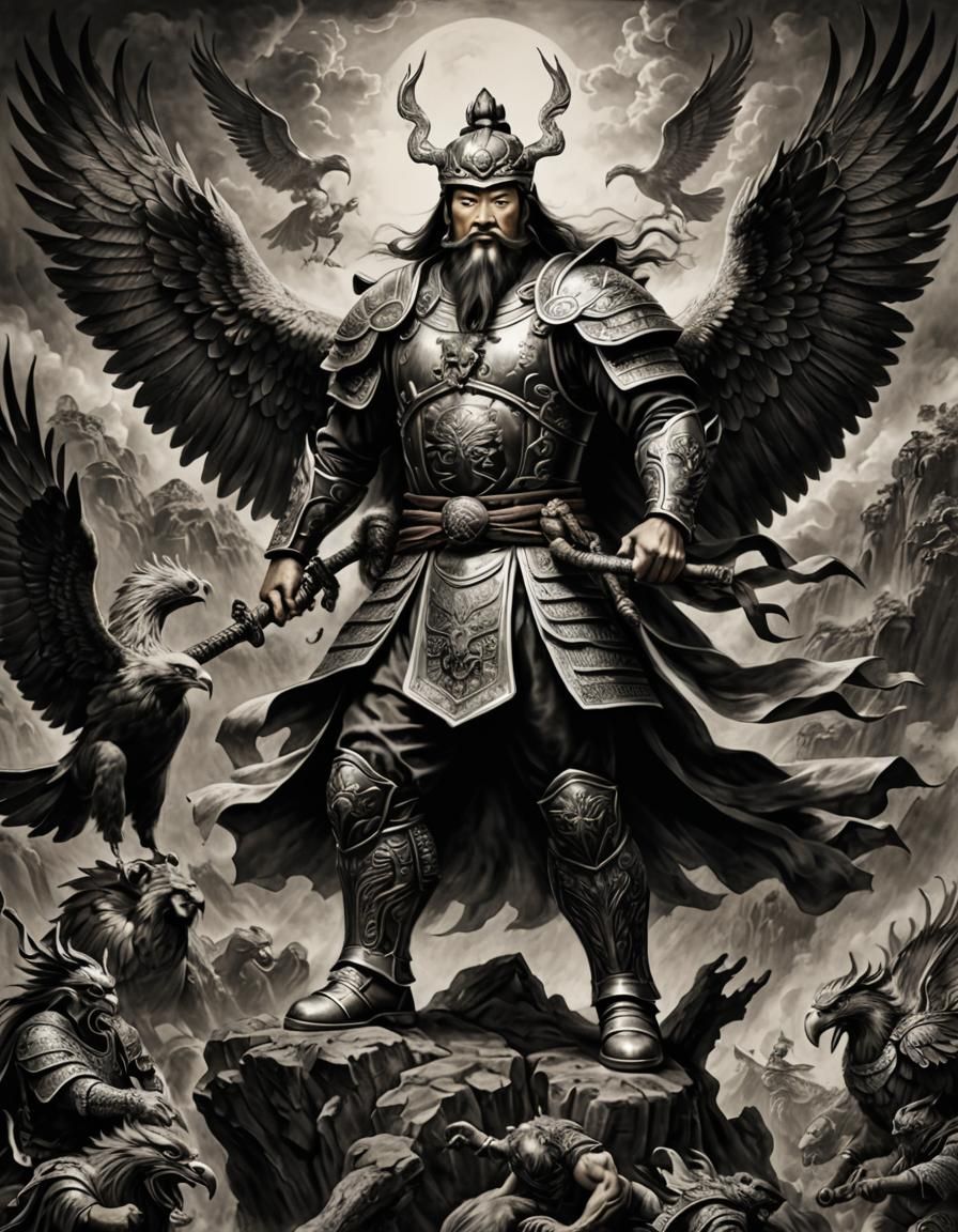 Guan Yu on Eagle: Detailed Charcoal Drawing