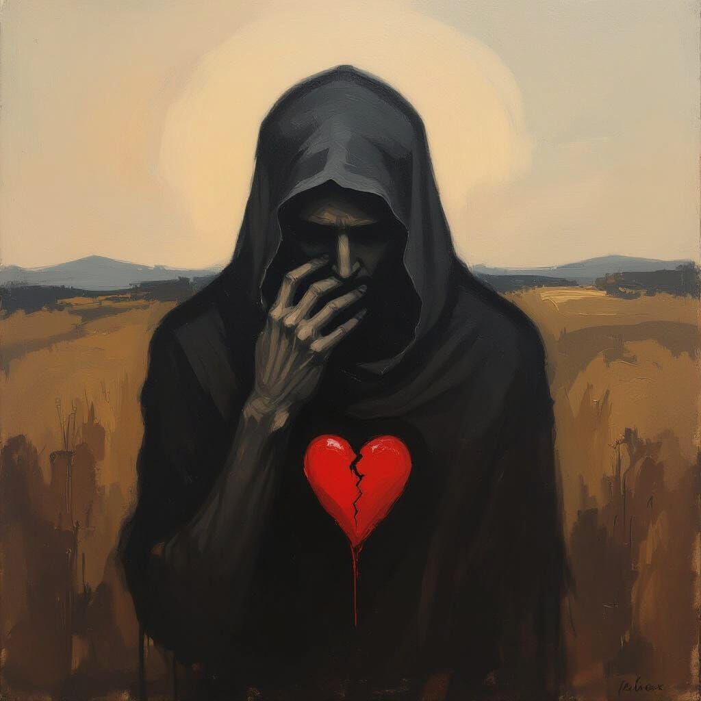 Dark Figure with Broken Heart: Expressionist Oil Painting