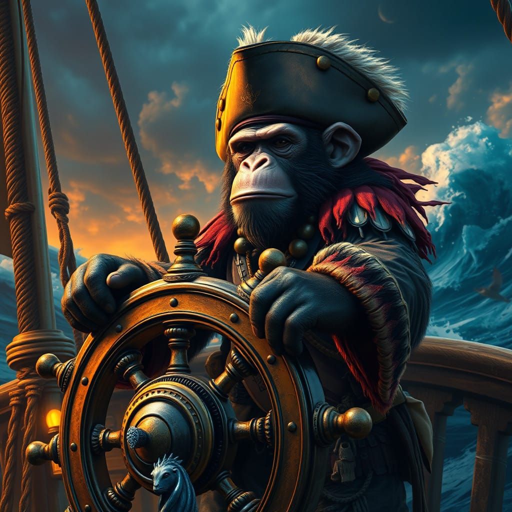 Majestic Chimpanzee Pirate Captain Steers Galleon Through St...