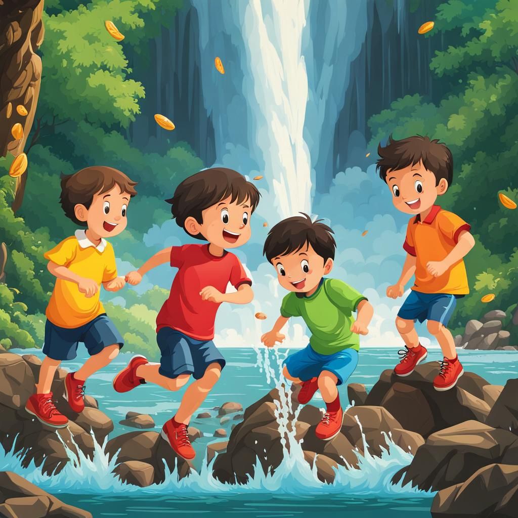 Children's Joyful Play Under Waterfall