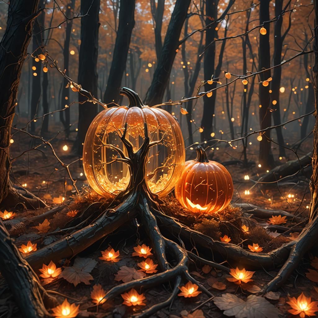 Bioluminescent Pumpkin in Enchanted Autumn Forest