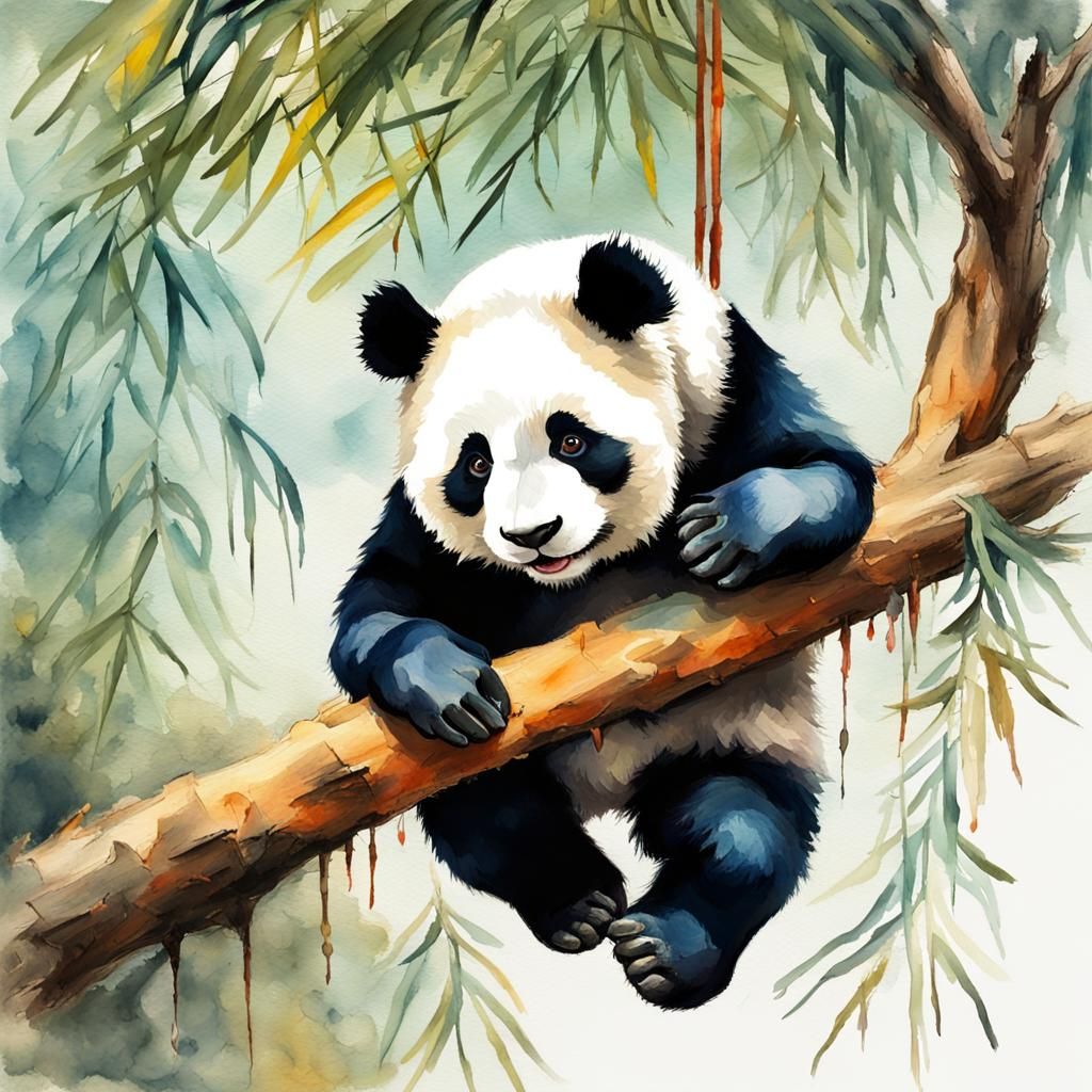 panda hanging from a branch