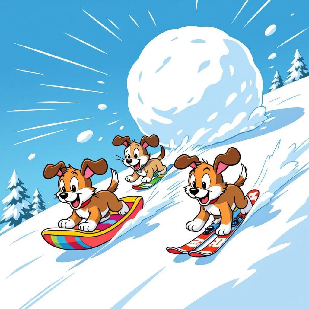 Puppies Race Down Snowy Hill in Cartoon Style