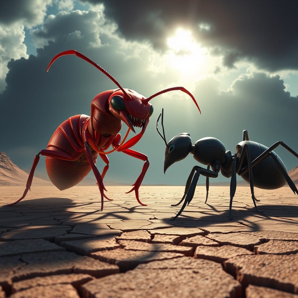 Colossal Ants Battle on Cracked Earth in 3D Digital Art Styl...