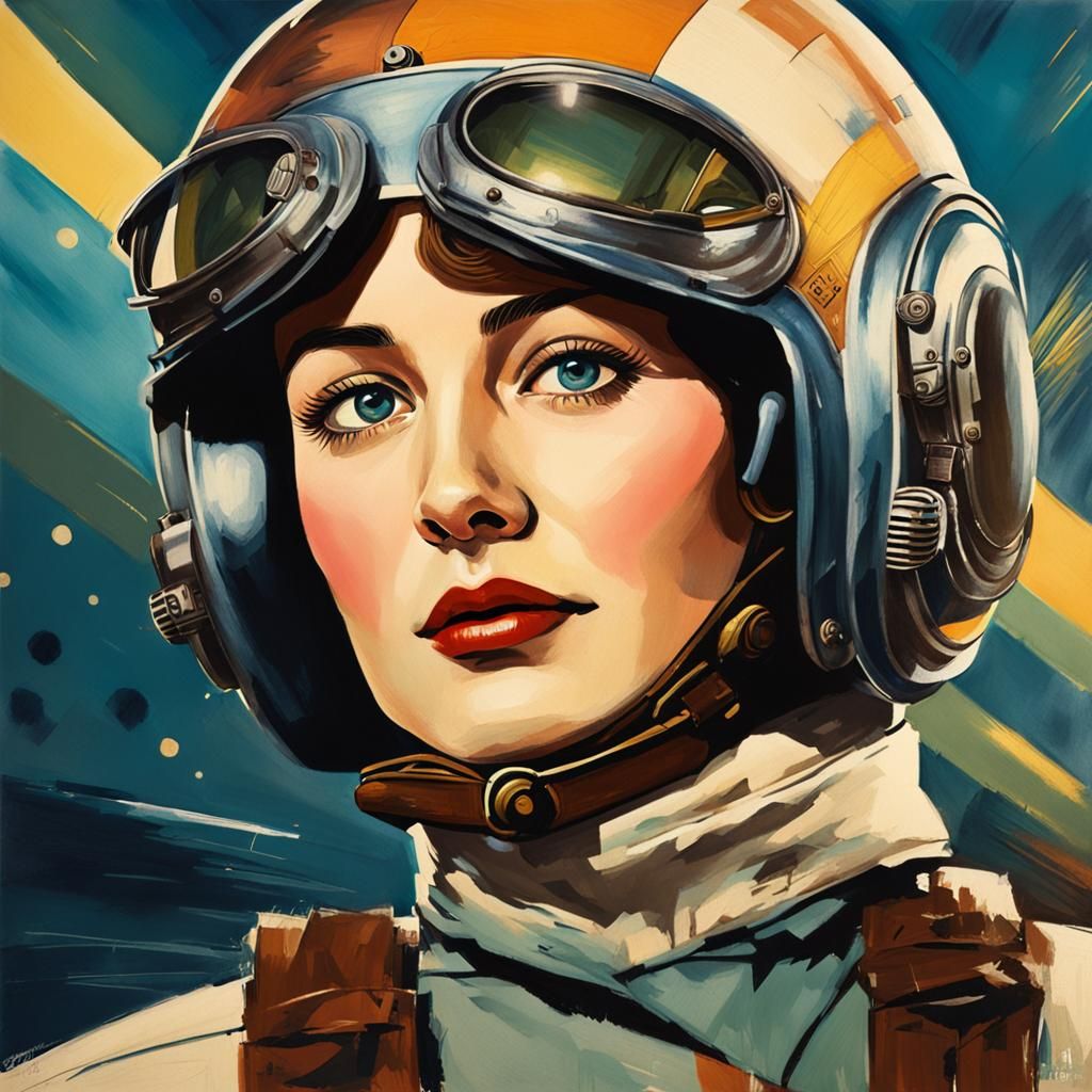 Woman in Flying Helmet Portrait, Hyperrealistic Splash Art