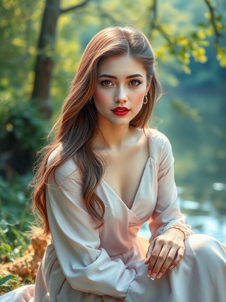 Beautiful Woman in Enchanted Forest: Hand-Drawn Watercolor