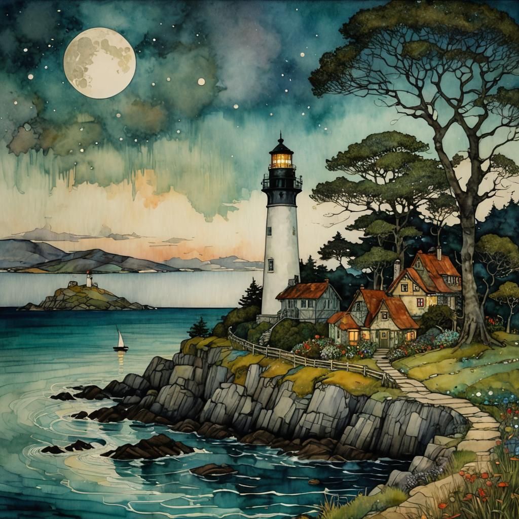 Iridescent Lighthouse at Night in Klimt Style