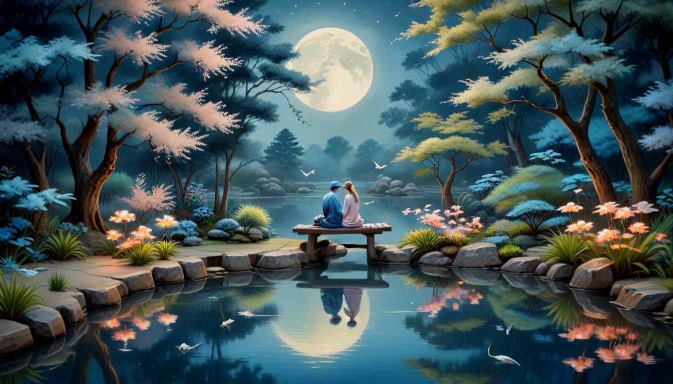 Moonlit Zen Garden with Koi Pond and Herons