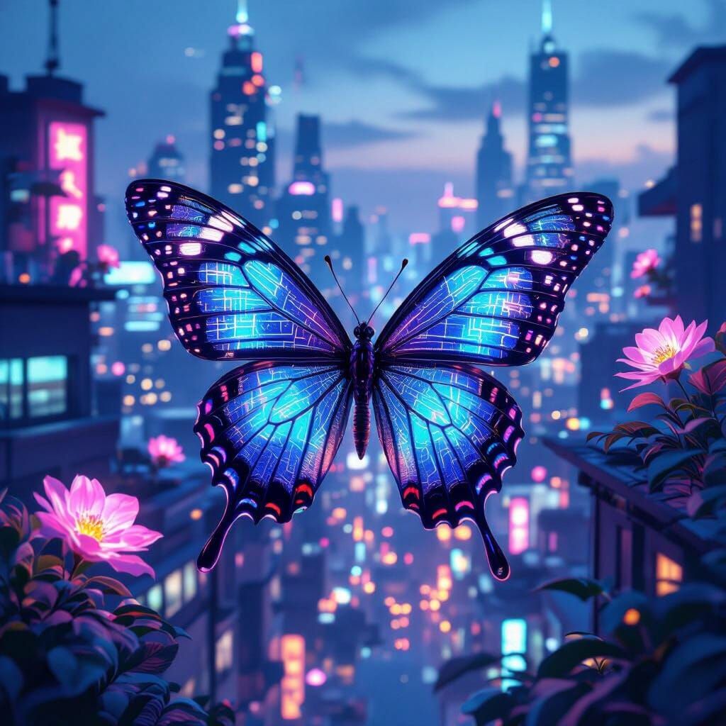 Cyberpunk Butterfly in Neon Cityscape