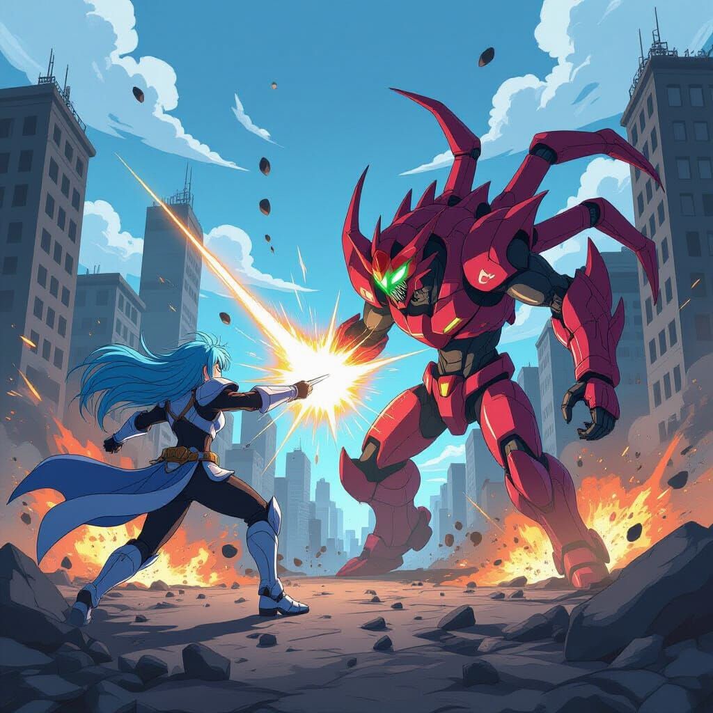 Epic Anime Battle: Warrior vs Alien in Cityscape