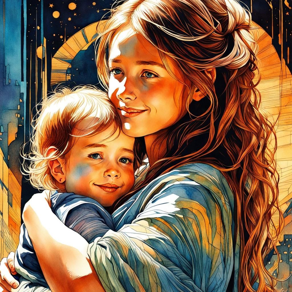 Smiling Teenager and Baby in Watercolor and Ink