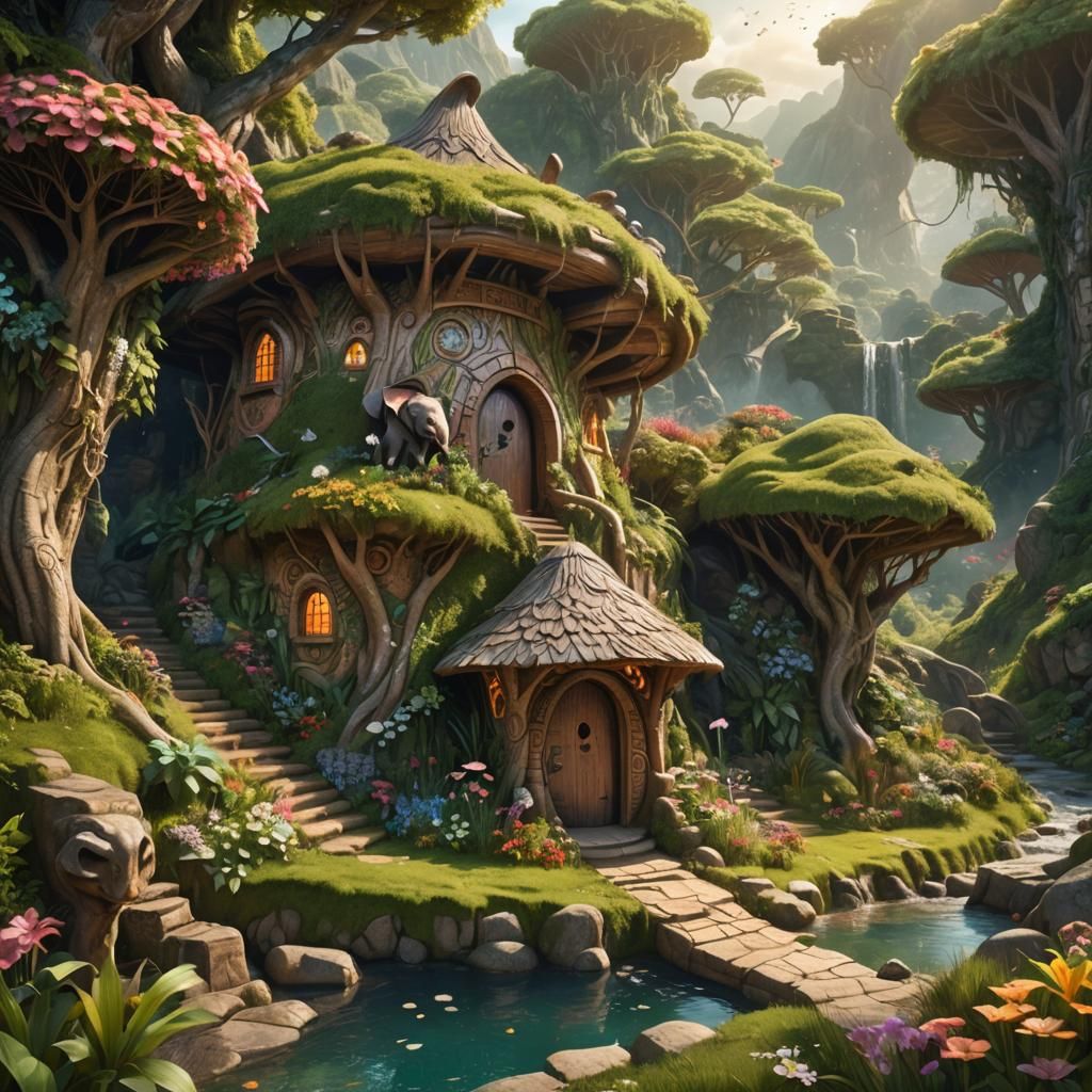 African Fairy Hut on Green Mountain in High-Fantasy Style