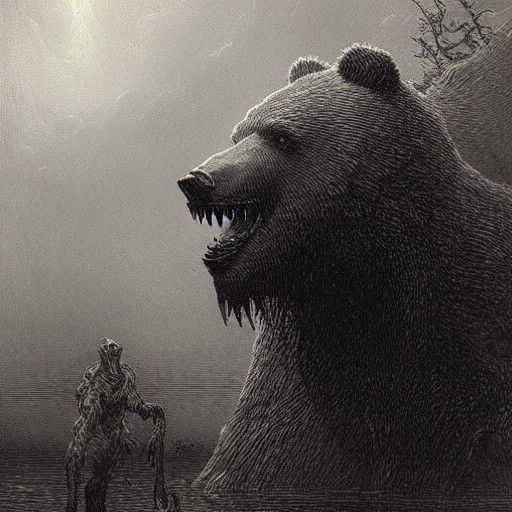 Horror Bear Monster in Engraving Style