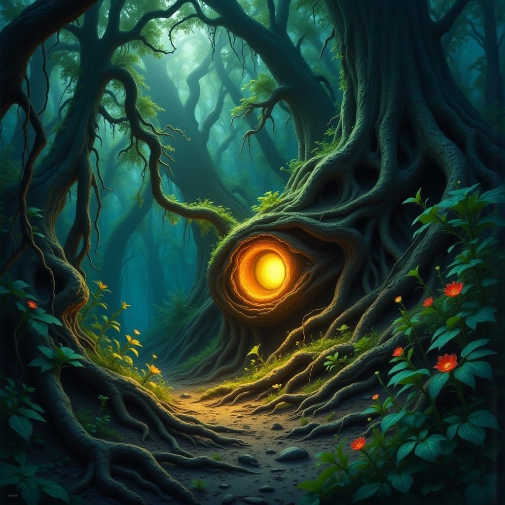 Glowing Eye in Misty Forest: Surreal Oil Painting