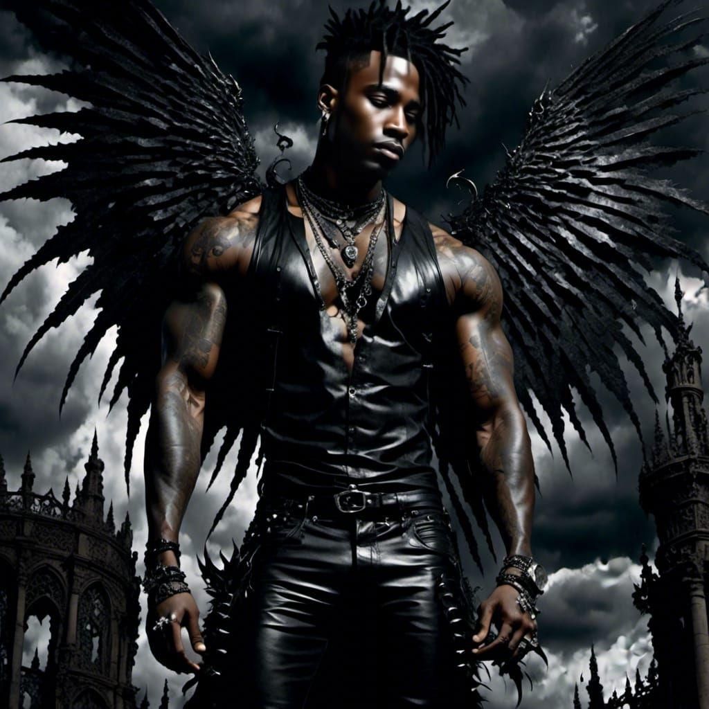 Gothic Angel with Black Wings in Watercolor Style