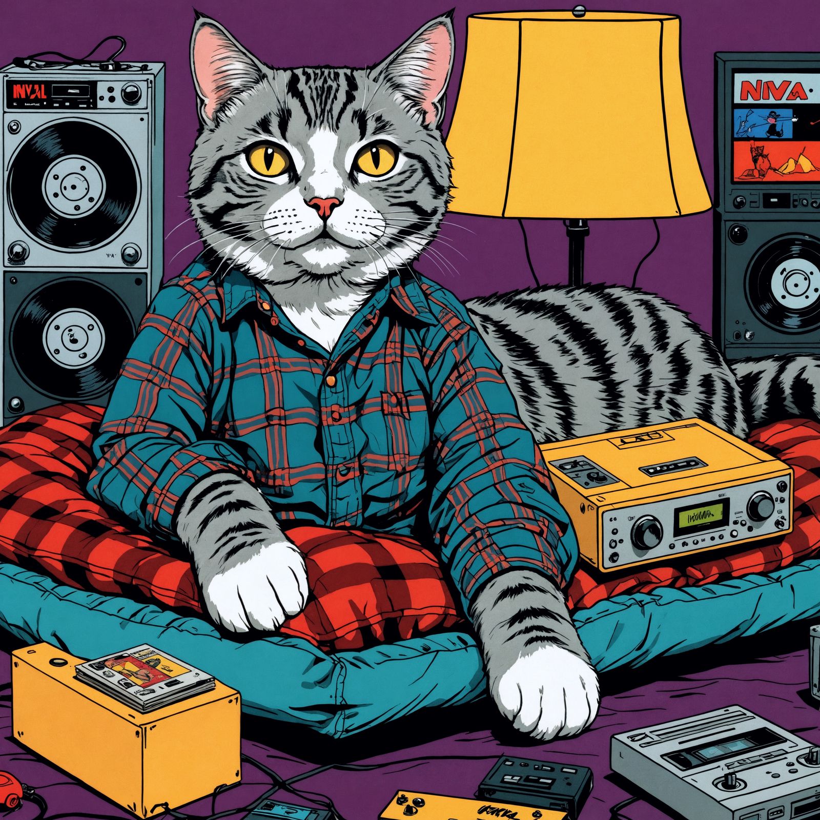 Gen X Cat Lounging with Cassettes in 90s Cartoon Style