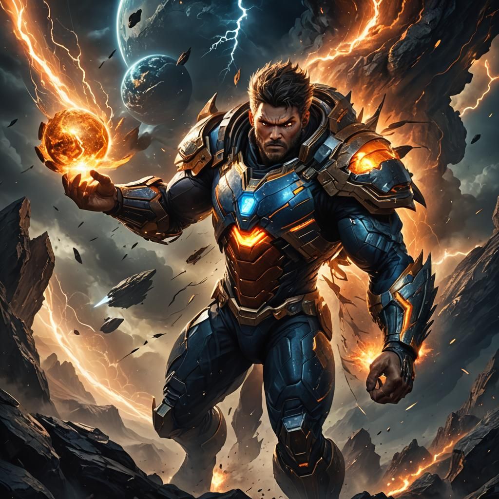 Heroic Figure Prevents Meteor Strike, Epic Fantasy Art