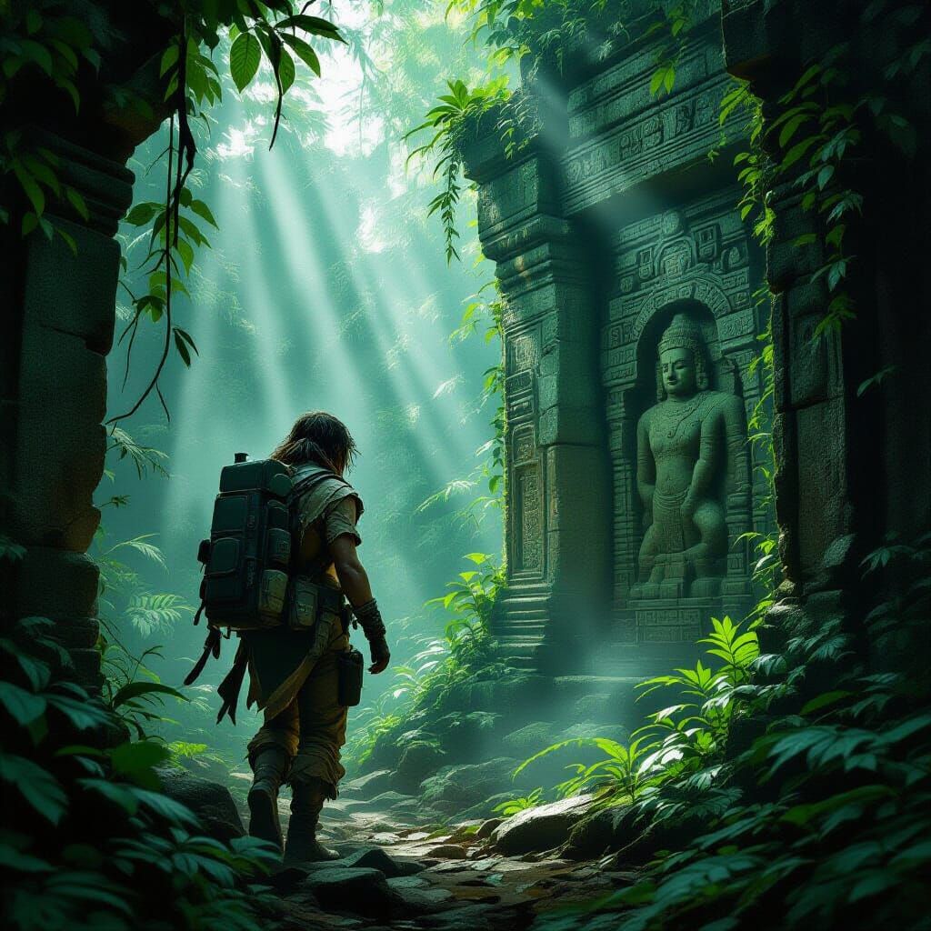 Explorer in Overgrown Jungle Ruins, Hyperrealistic Concept A...