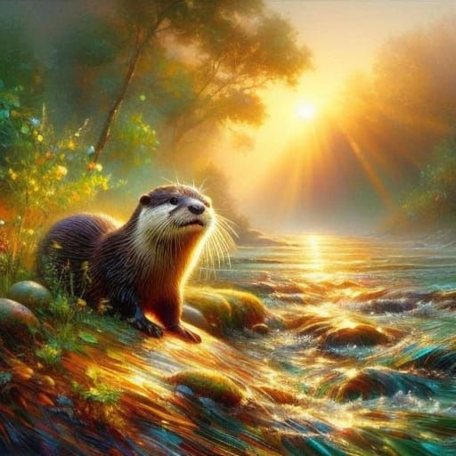 Vibrant Otter in Morning Riverbank Scene, Impressionist Styl...