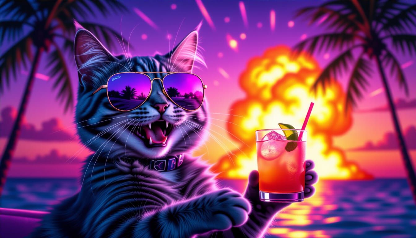 Cat in Aviators with Cocktail at Sunset