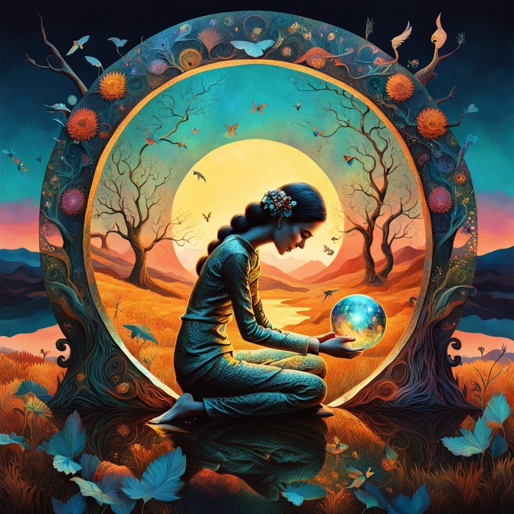 Surreal Sunset Scene with Woman and Cracked Mirrors in Vibra...