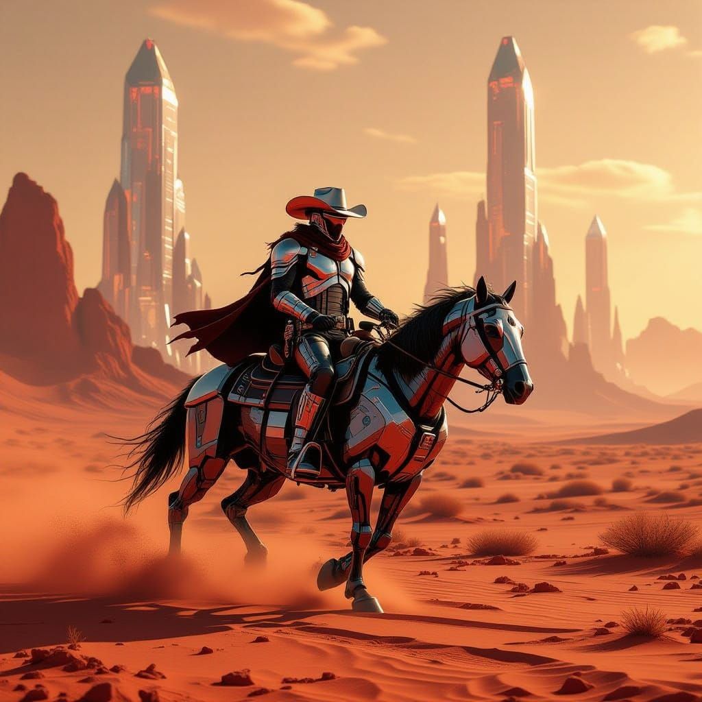 Futuristic Martian Cowboy Rides Cyber Steed in Retro Sci-Fi ...