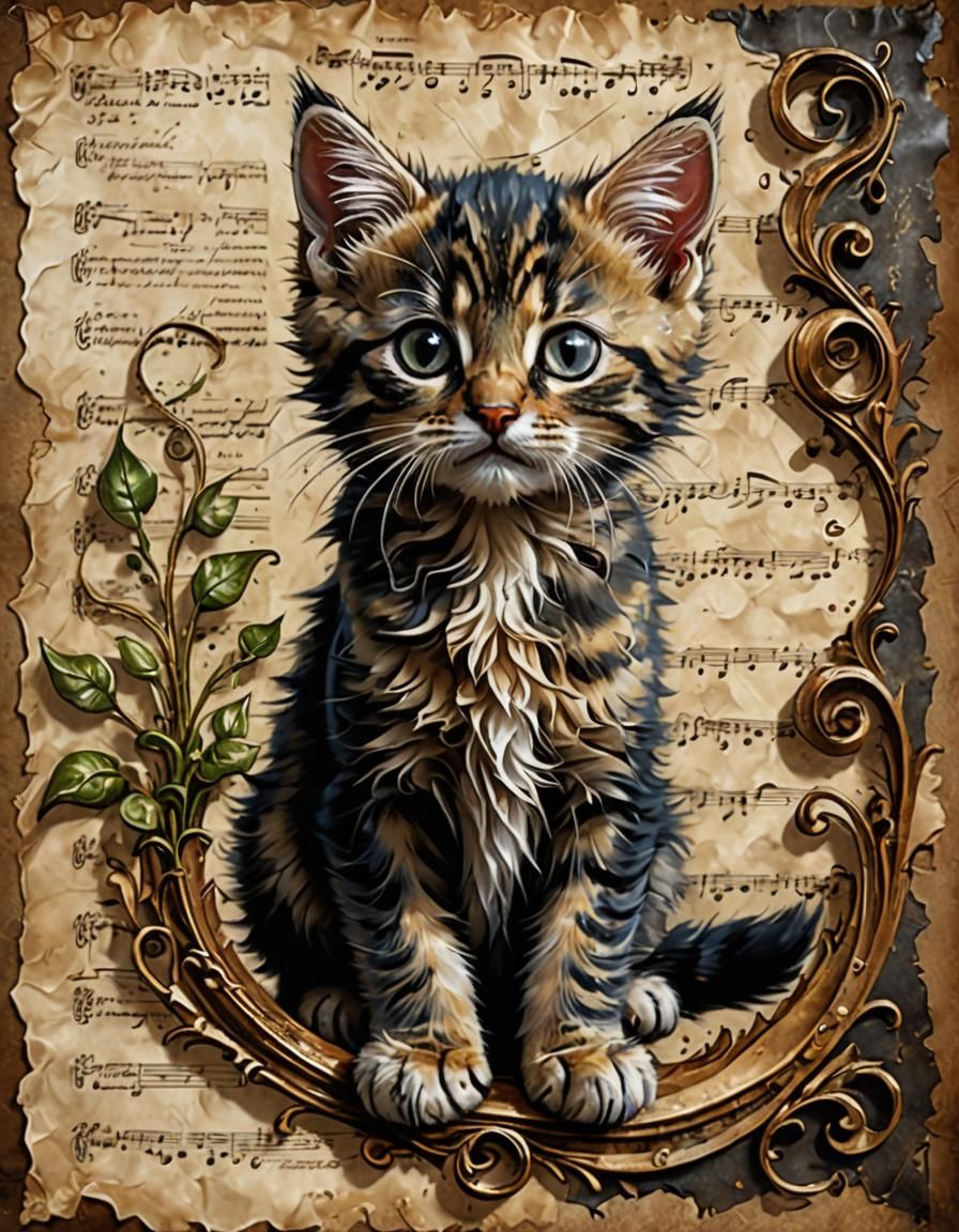 Ornate Scroll with 3D Kittens in Dark Fantasy Style