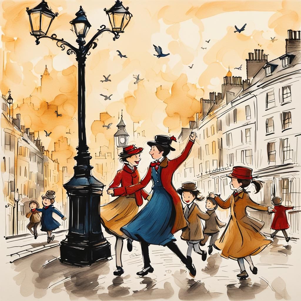 Mary Poppins and Bert Dance: Whimsical Ink Illustration