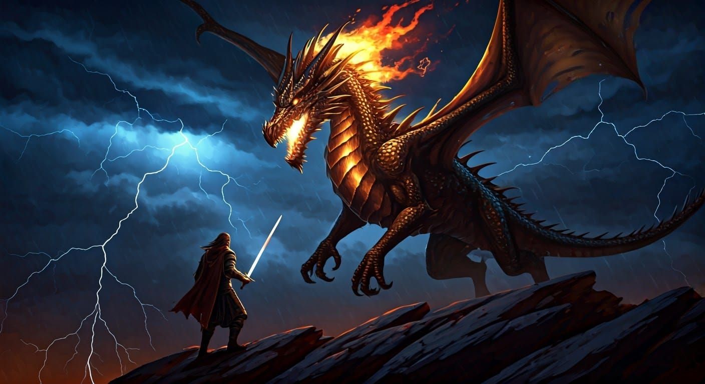 Majestic Dragon Soars Through Stormy Sky in Dark Fantasy Con...