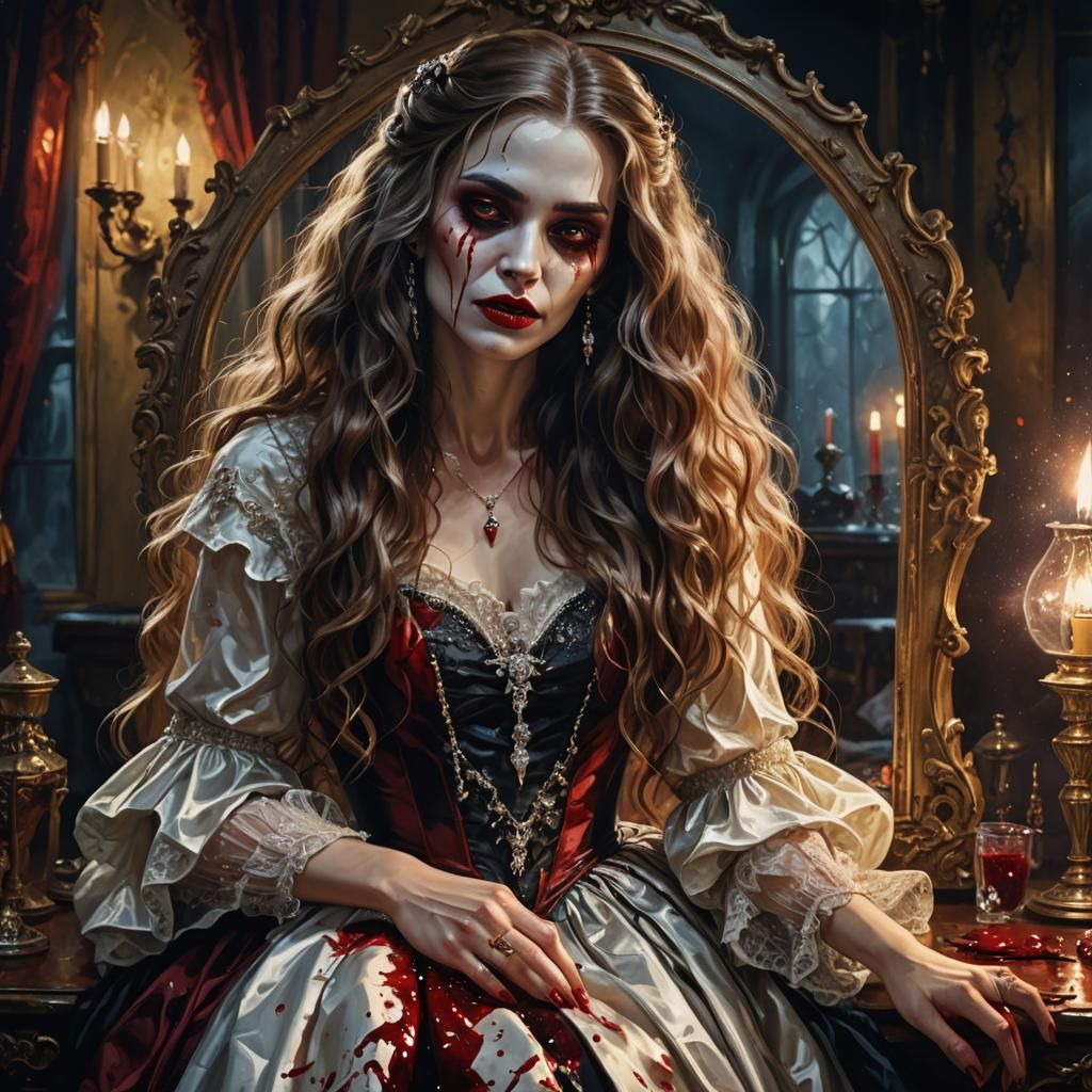 Elegant Vampire Woman at Vanity Mirror, Oil Painting
