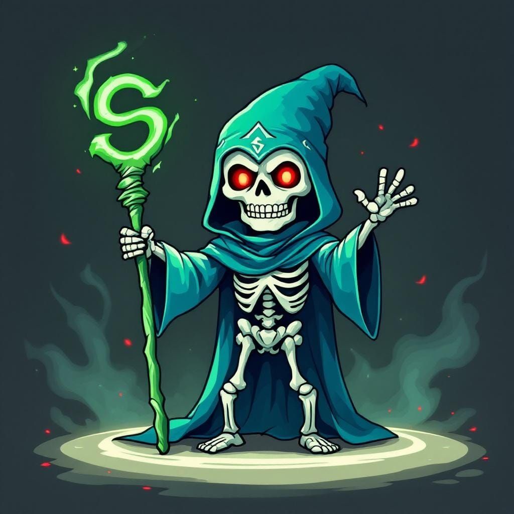 Cartoon Skeleton Mage in Ritual Circle, Comic Book Art