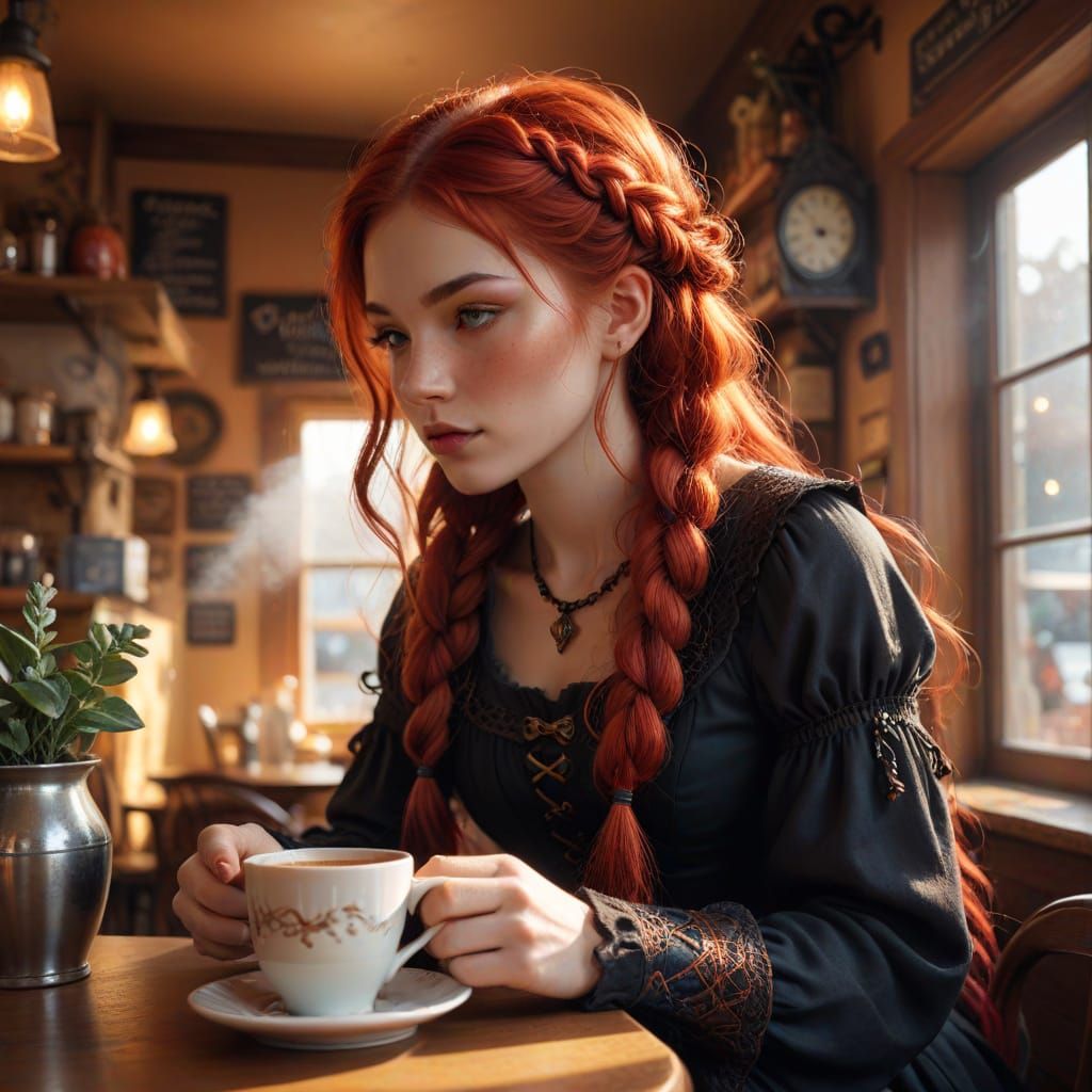 Cozy Witch Enjoys Coffee in Enchanting Cafe