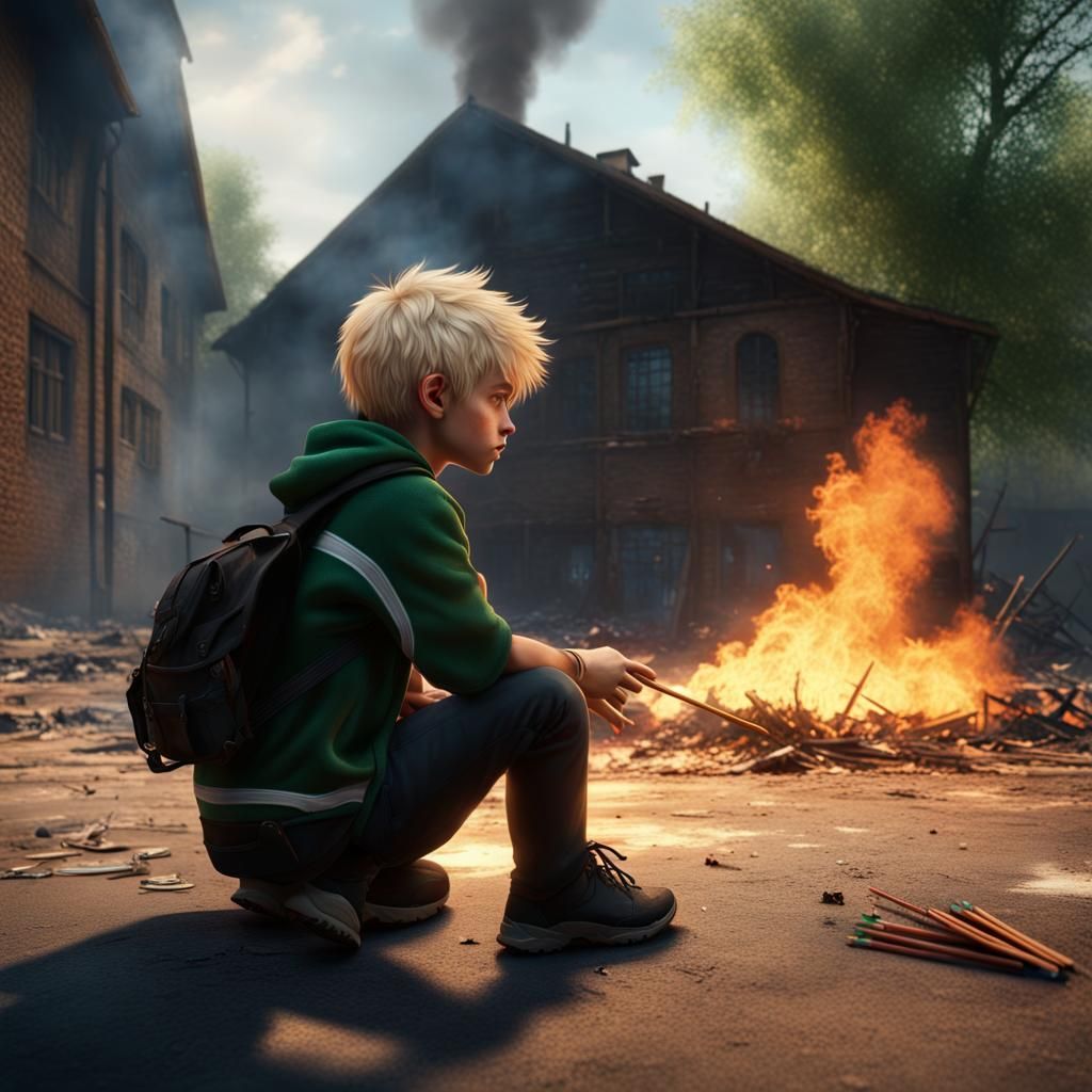 Boy Sets Fire to School: Matte Painting