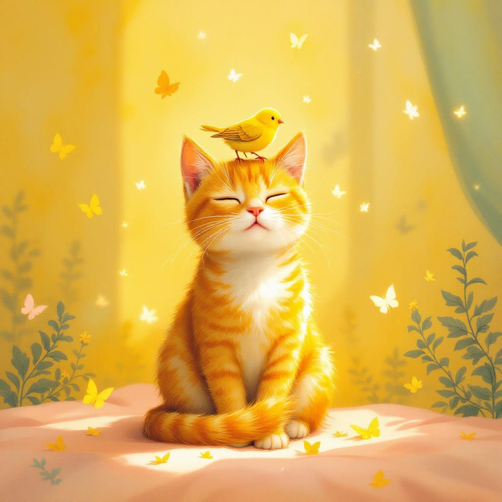 Whimsical Cat with Canary in Pastel Room, Dreamy Textures