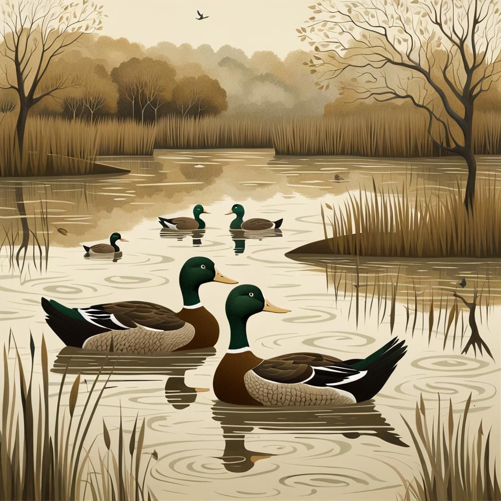 Ducks on Ancient River in Muted Earth Tones