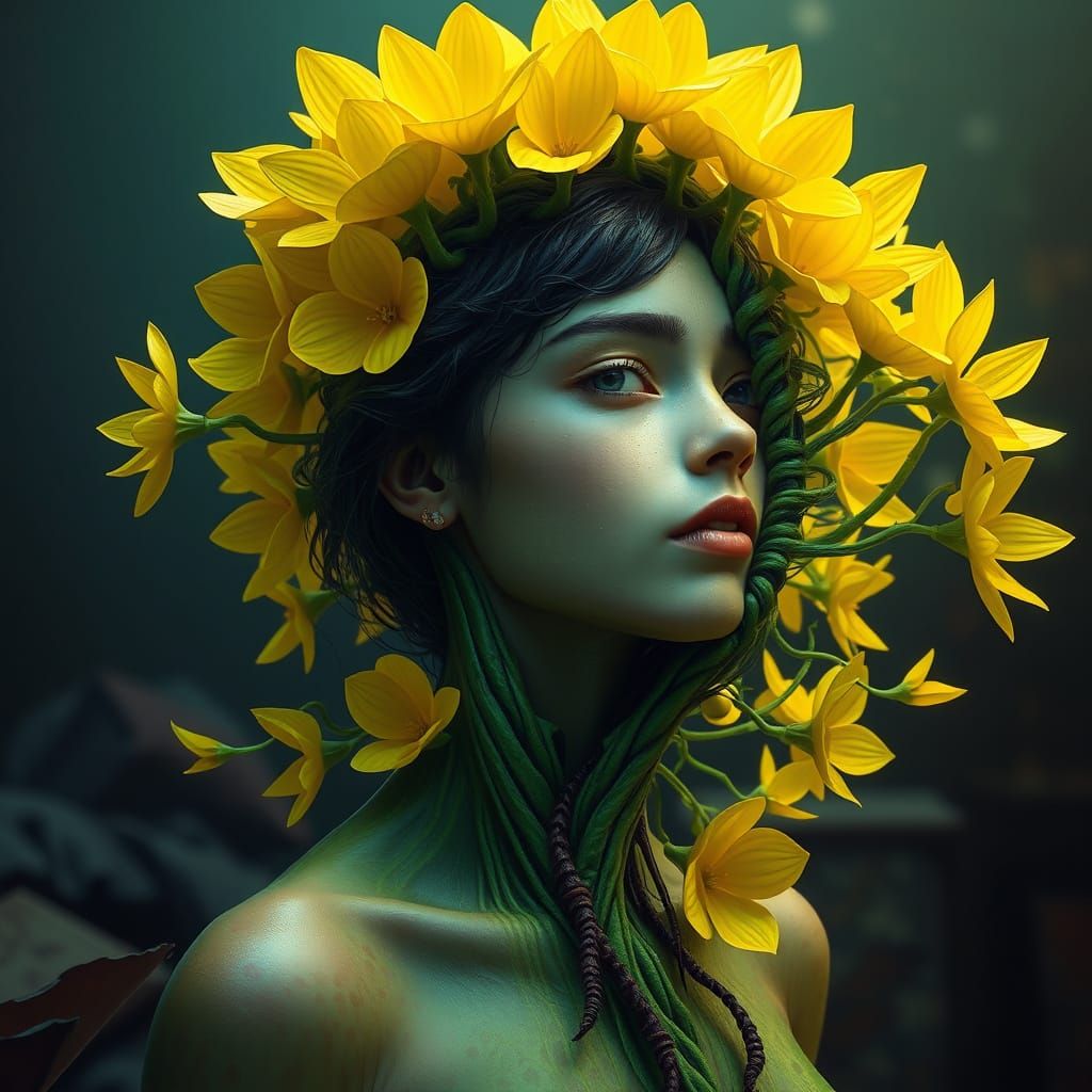 Girl Transforms Into Living Plant in Fantasy Art