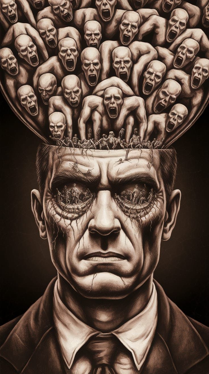 Anguish Portrait with War Scenes in Mixed Media