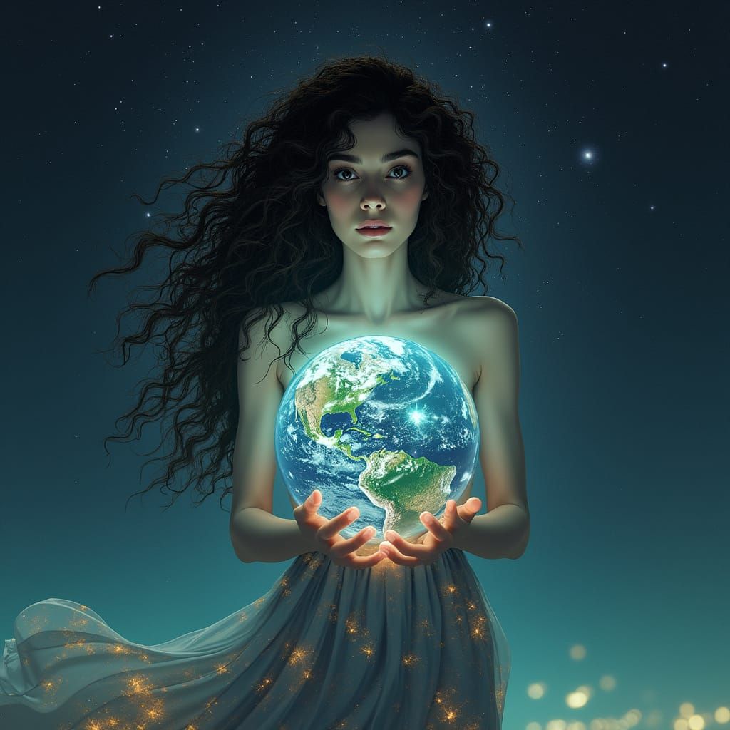 Woman Holds Earth in Galaxy Gown