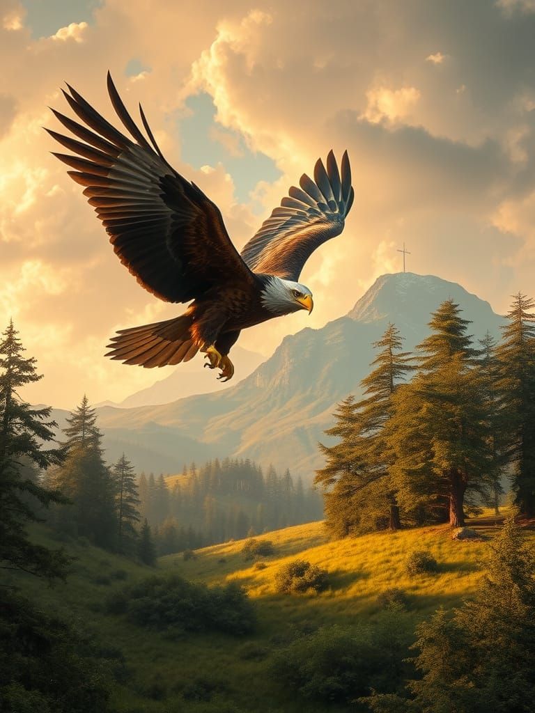 Eagle Soaring Over Holm Landscape in Golden Light