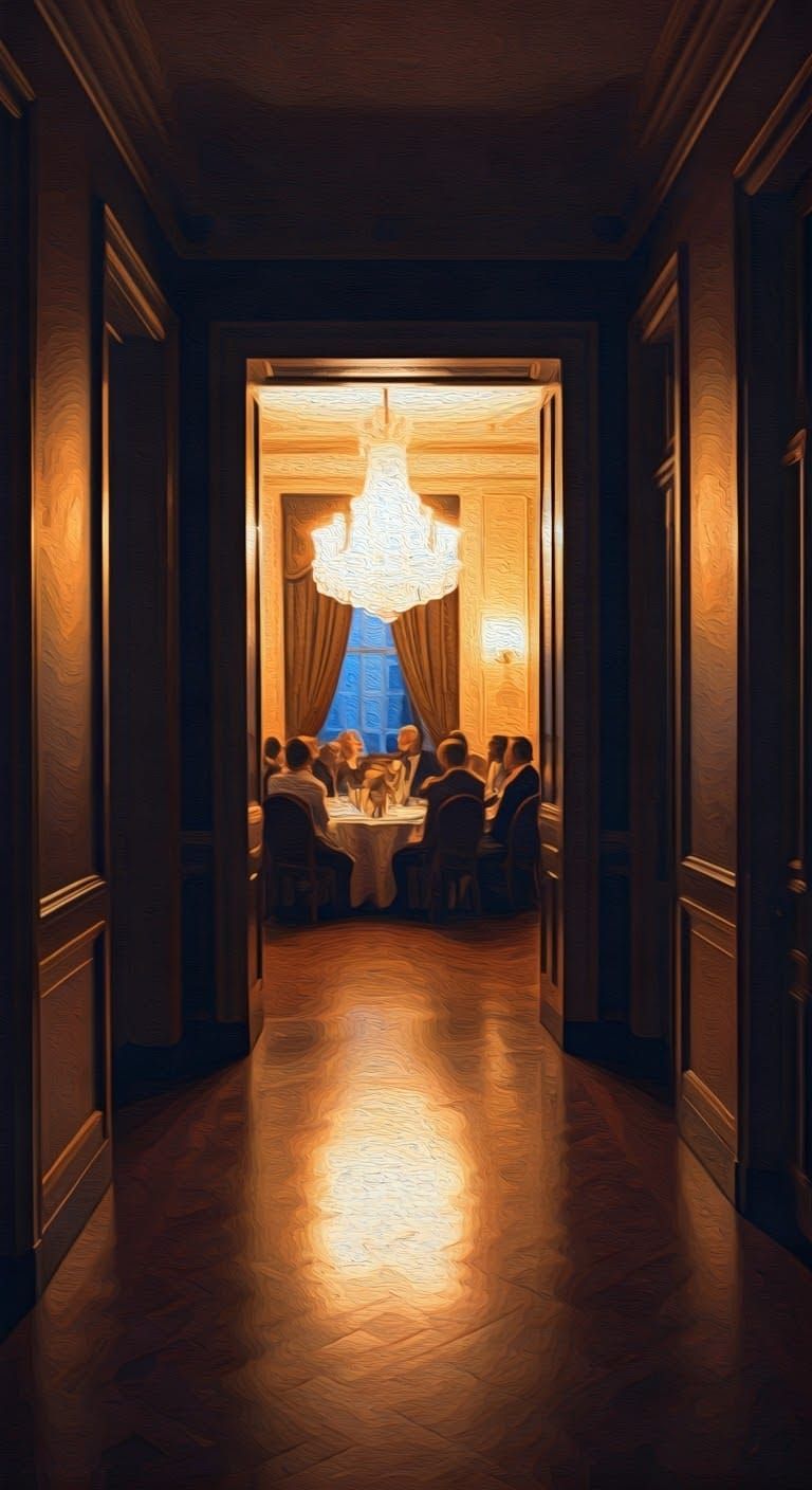 Neo-Expressionist Oil Pastel of a Formal Party in a Dimly Li...