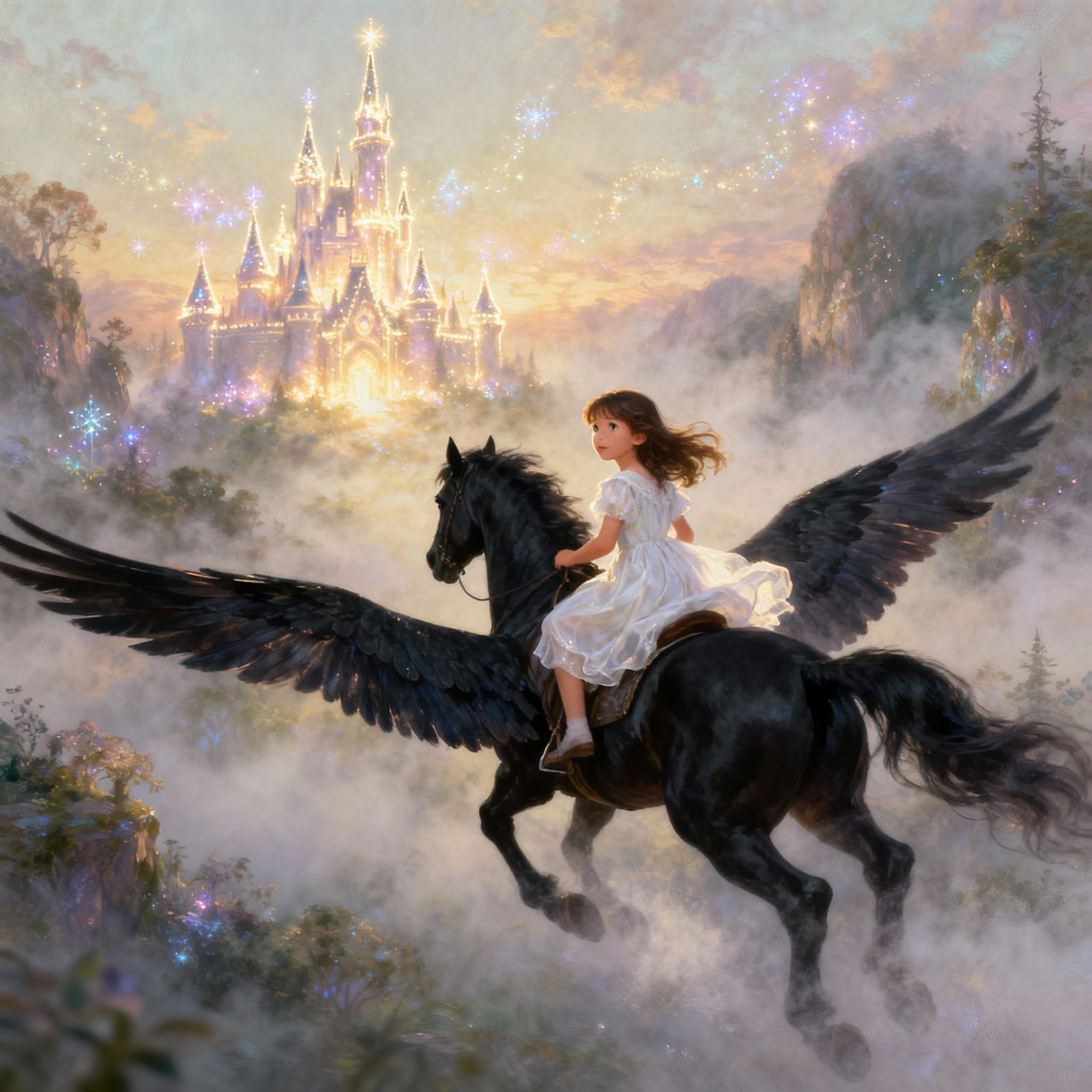 Girl on Flying Horse Approaches Glowing Castle