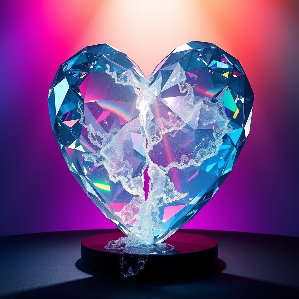 Surreal Crystal Heart Shatters Under Ethereal Spotlight
