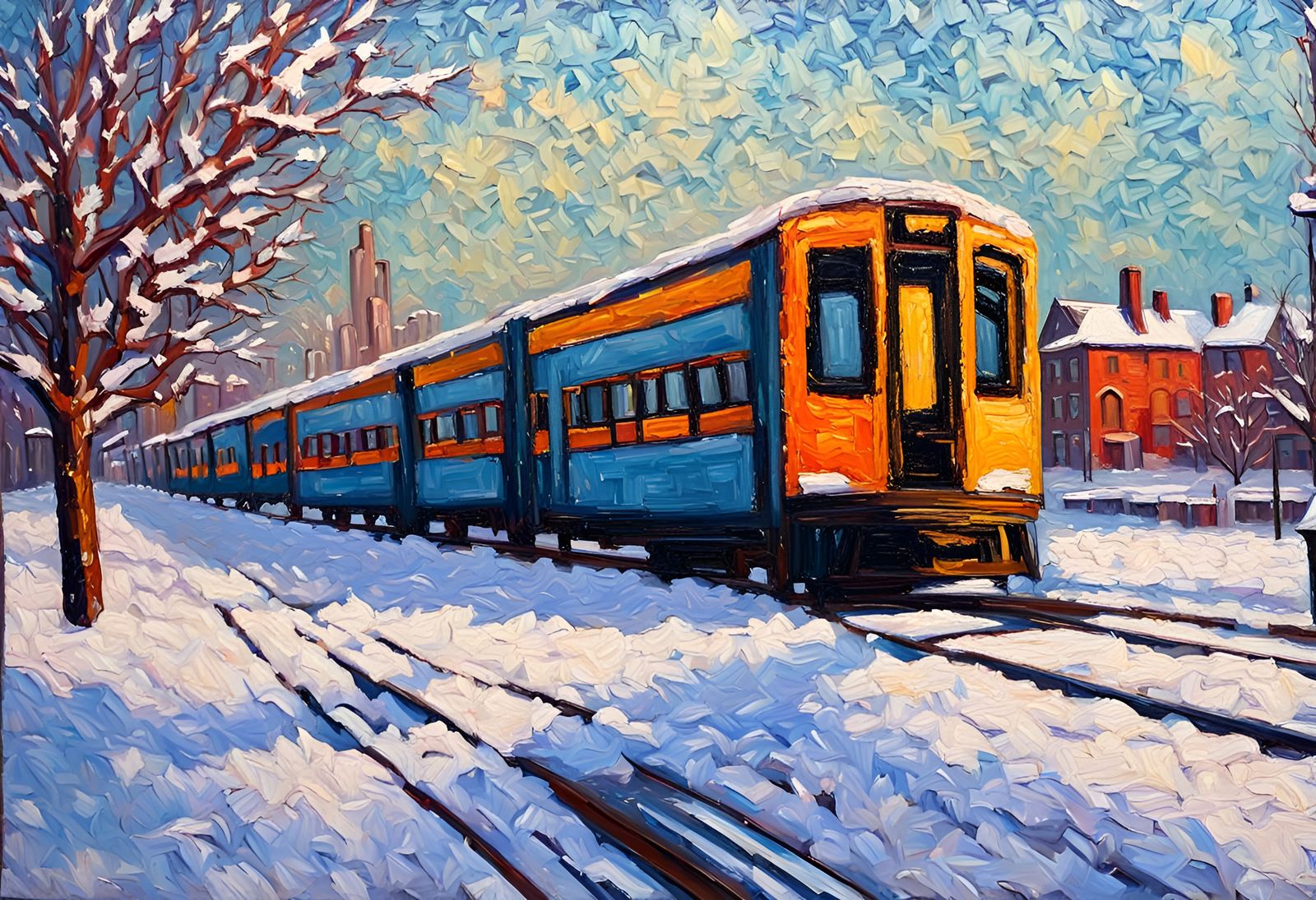 Chicago Train in Snow: An Impressionistic Oil Painting