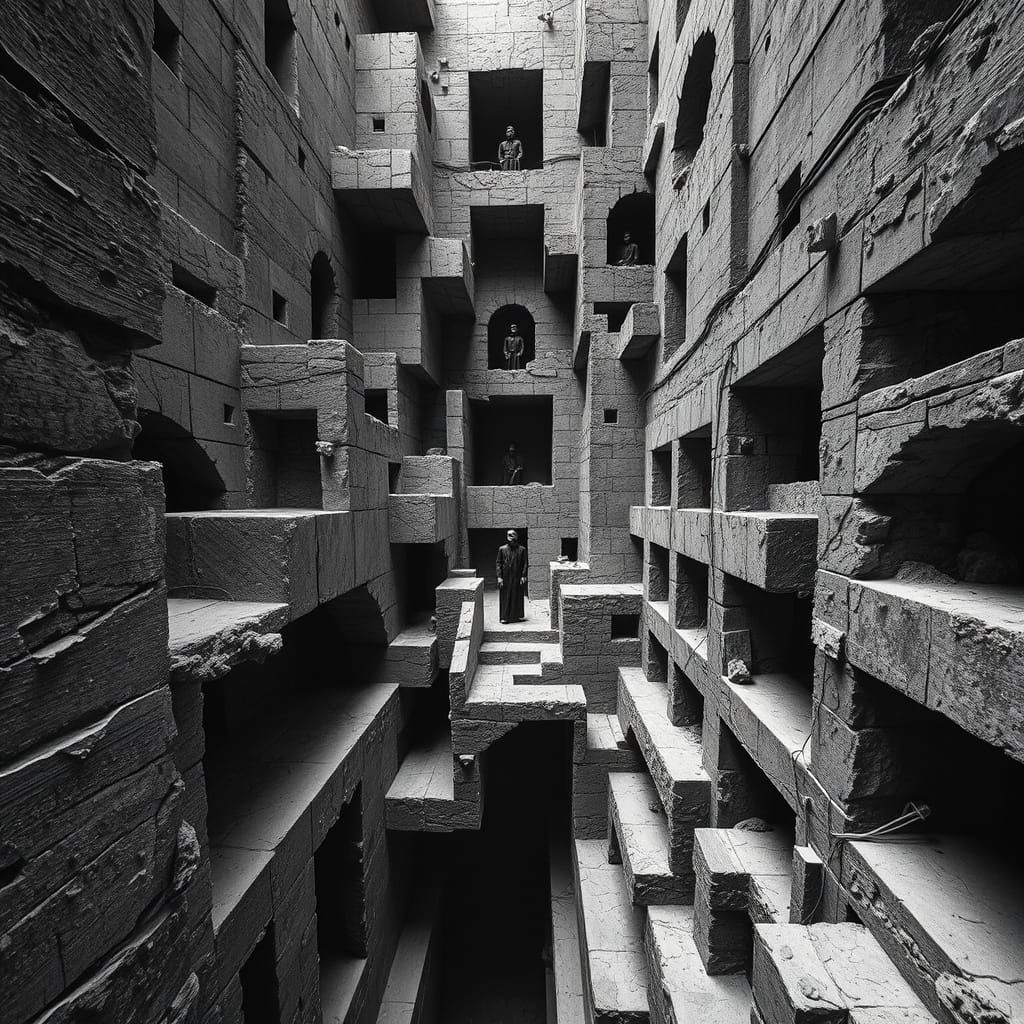 Brutalist Labyrinth Inspired by Escher in Noir Style
