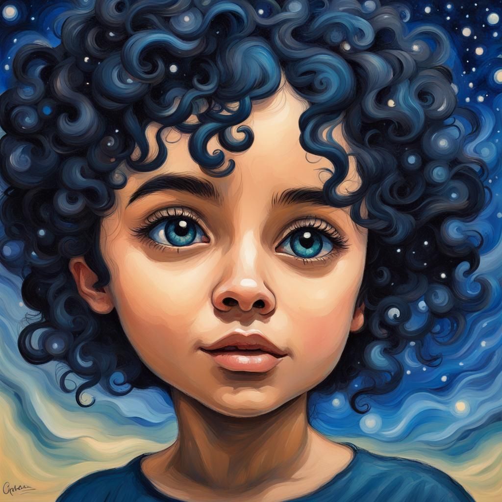 Young Cute Girl with Look of Wonder Close Up, 3d Illustration, Crazy All Over  Curly Black Hair, Natural Color Palette, ...