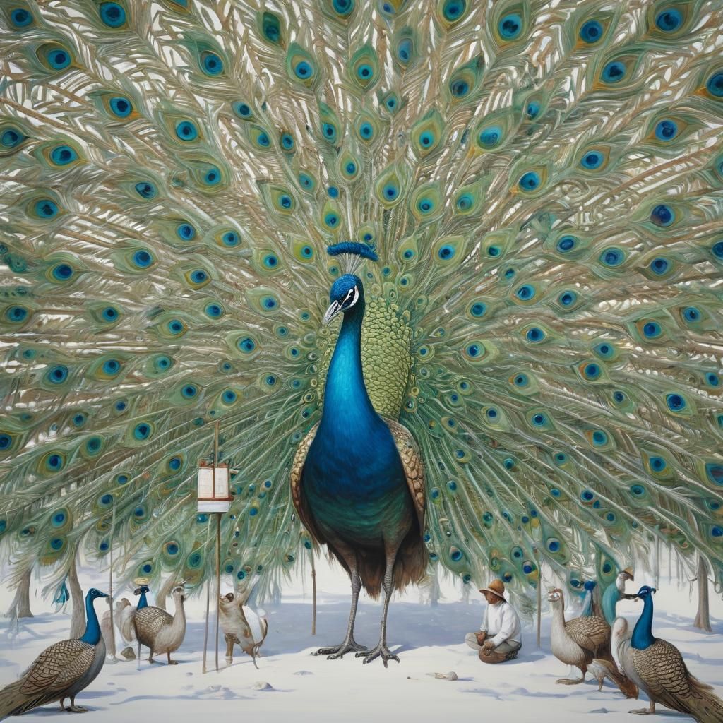 Gigantic Peacock and Smiling Man in Whimsical Painting