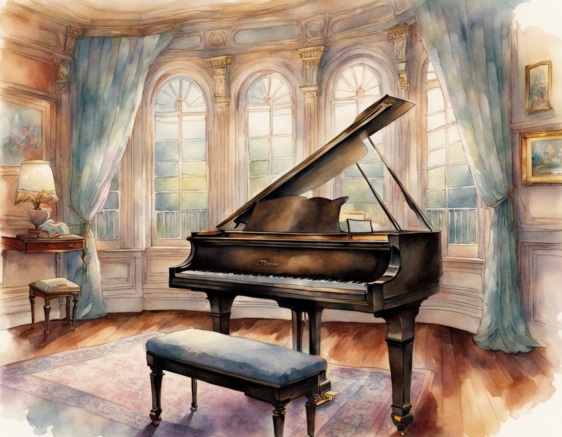 Ethereal Grand Piano in Softly Lit Music Room