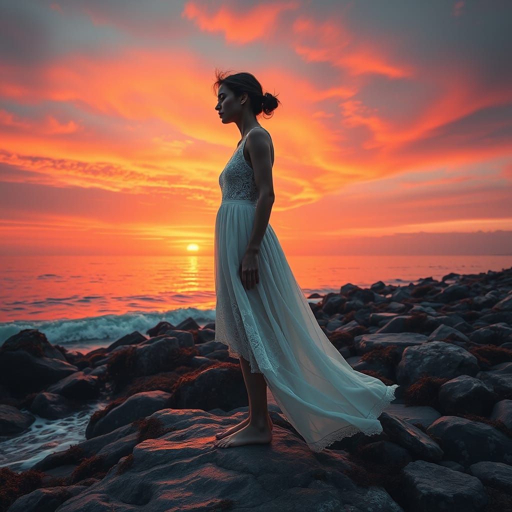 Surreal Sunset Goddess in Hyperrealistic Digital Art