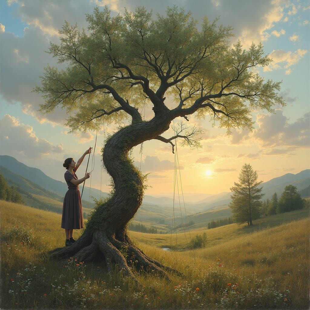 Woman Mends Broken Tree with Giant Needle and Thread