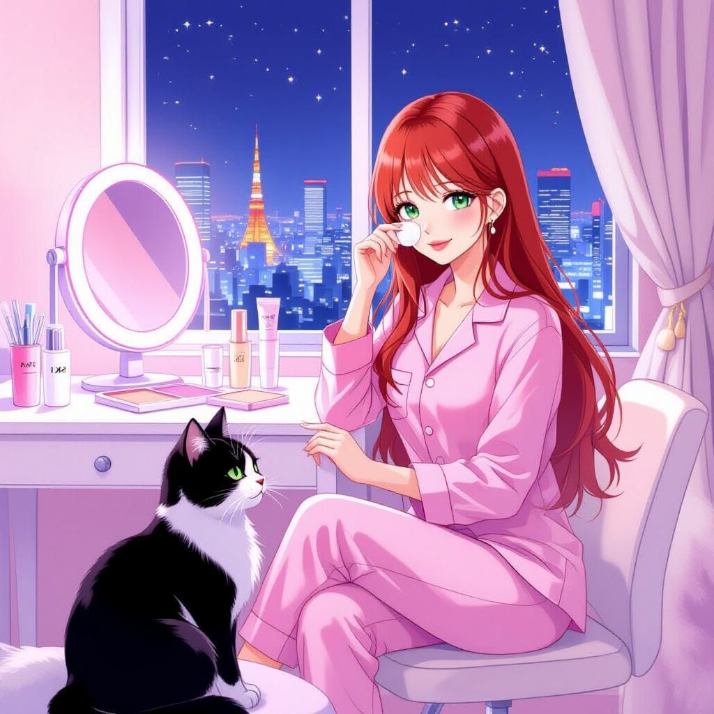 Japanese Woman in Pink Pajamas, Manga Style